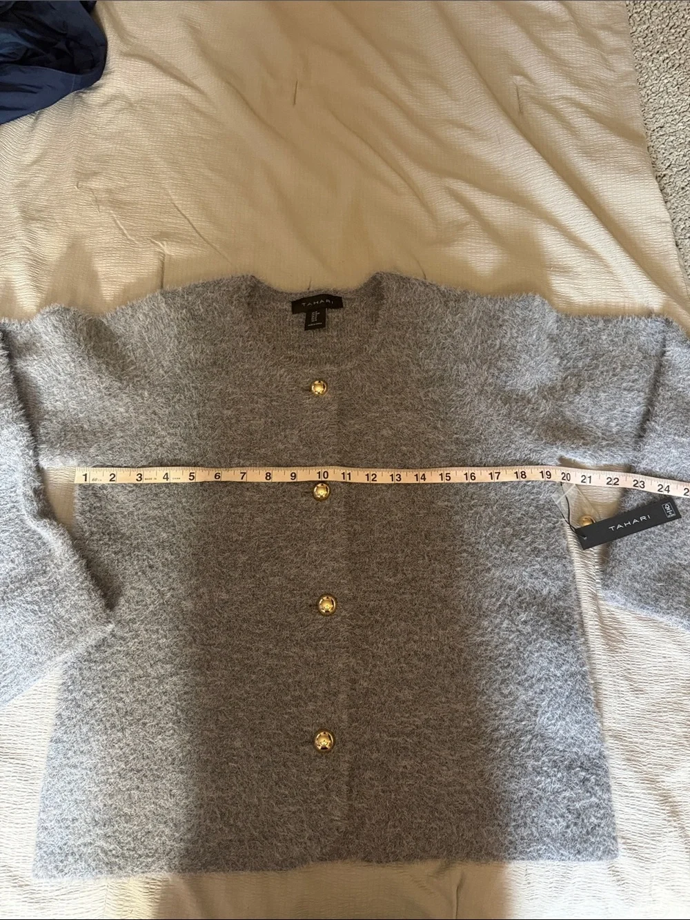 Tahari Heather Gray Fuzzy Button-Front Cardigan with Gold Buttons